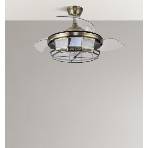 `alt=Ventilador de techo Tornado Cuero 107cm de Abrila con 6 velocidades, aspas retráctiles y mando a distancia, modelo 222691314`