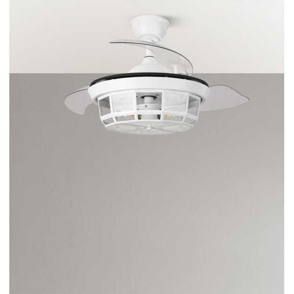 Ventilador de techo Tornado Mini Blanco de 91 cm de Abrila, modelo 222699001. Diseño elegante en color blanco, ideal para interiores domésticos. Equipado con motor DC eficiente y 6 velocidades ajustables para una ventilación óptima en verano e invierno. Aspas retraáctiles para un diseño compacto y seguro. Incluye mando remoto para un control cómodo y fácil. Tecnología AI2 para un rendimiento superior y ahorro energético. Perfecto para mantener una temperatura agradable en cualquier época del año.