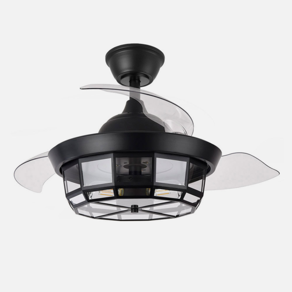 `alt=Ventilador de techo Tornado Mini Negro de 91cm de Abrila con aspas retráctiles, mando a distancia y motor DC`