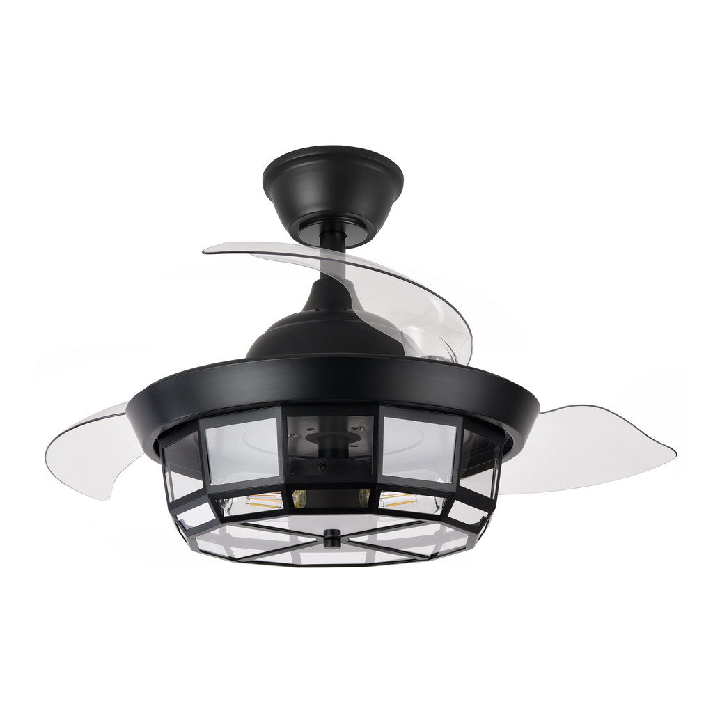 `alt=Ventilador de techo Tornado Mini Negro 91cm de Abrila con aspas retráctiles, mando a distancia, motor DC y temporizador para uso doméstico interior`