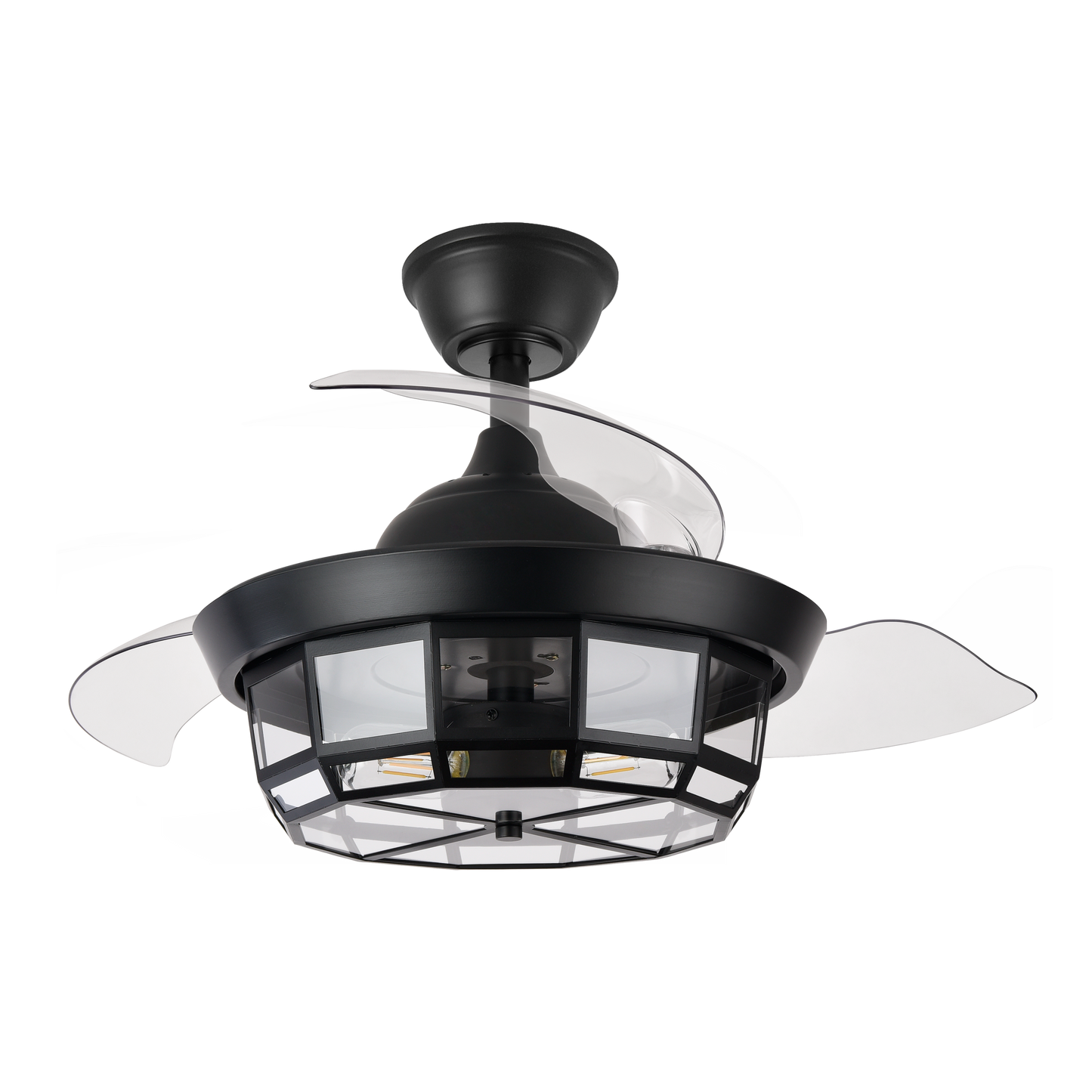 `alt=Ventilador de techo Tornado Mini Negro 91cm de Abrila con aspas retráctiles, mando a distancia, motor DC y temporizador para uso doméstico interior`