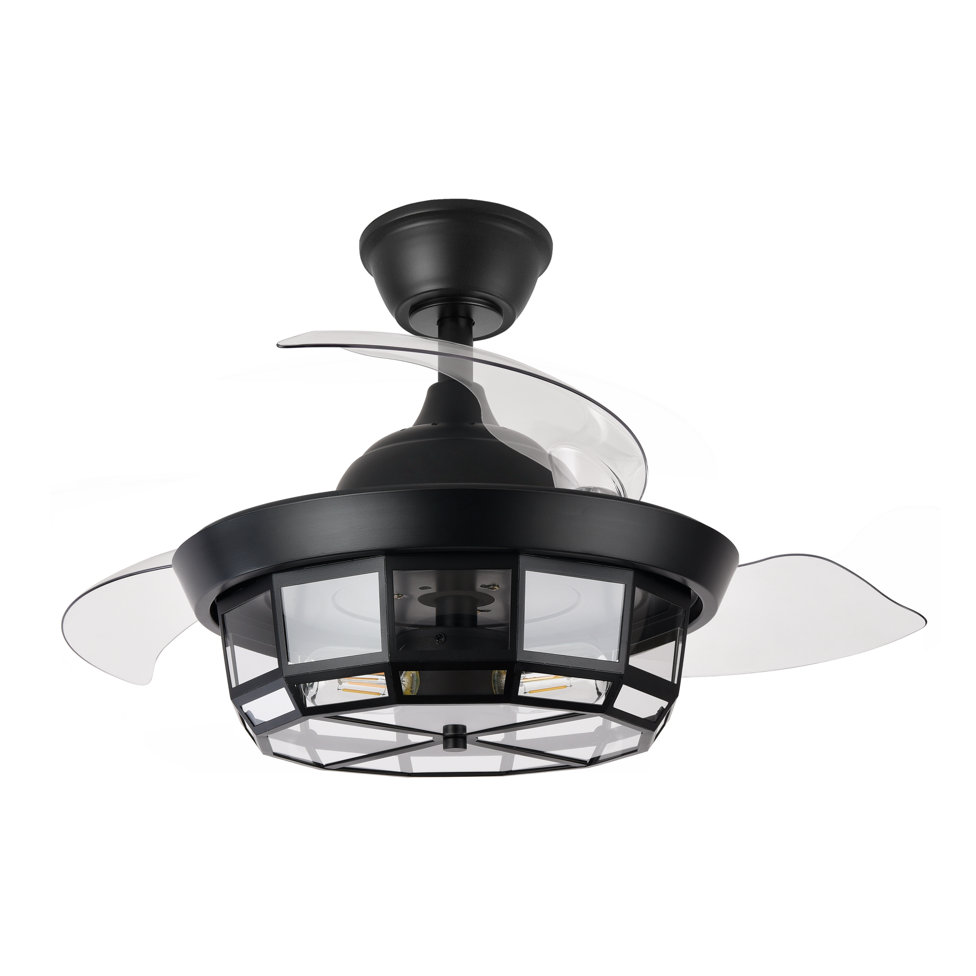 `alt=Ventilador de techo Tornado Mini Negro 91cm de Abrila con aspas retráctiles, mando a distancia, motor DC y temporizador para uso doméstico interior`