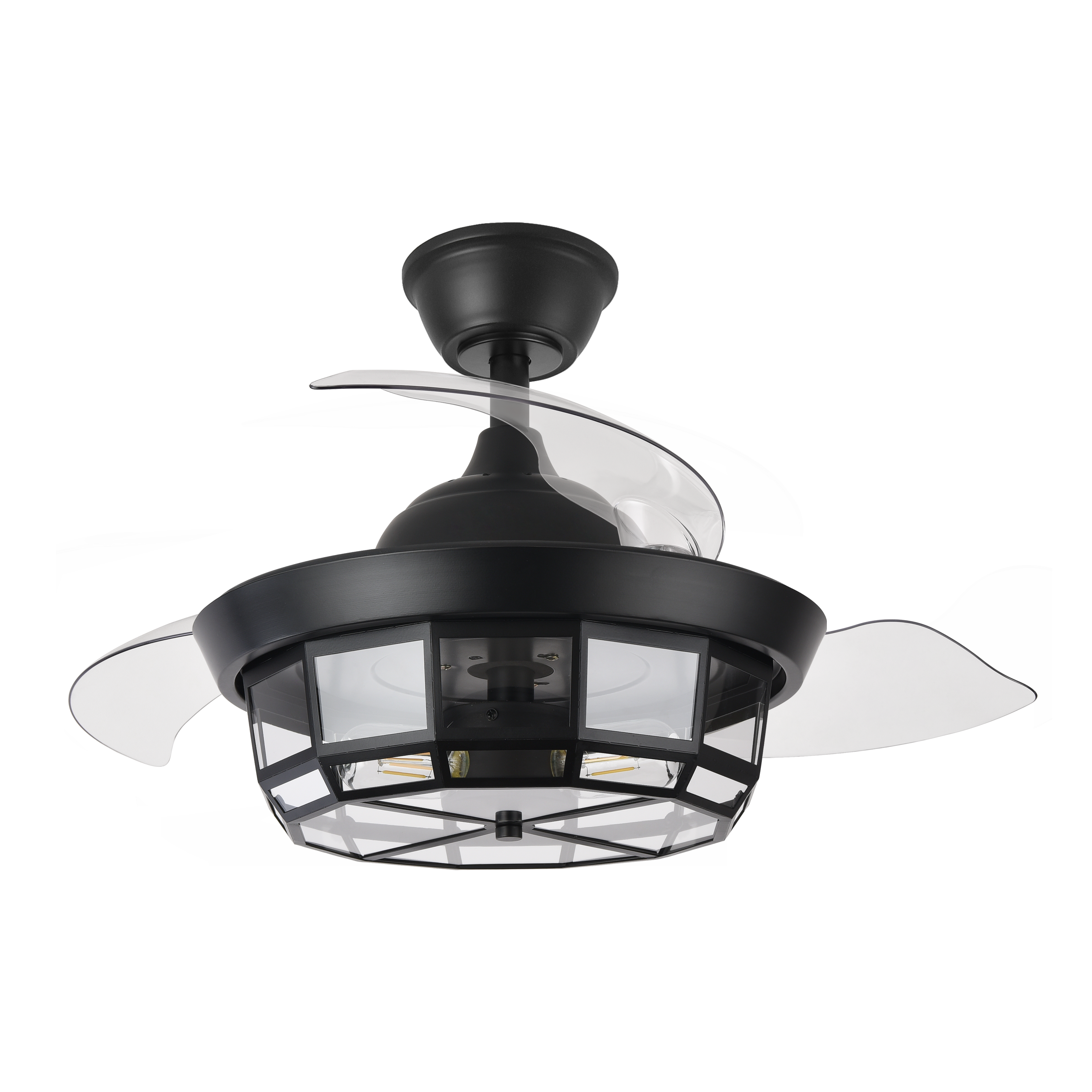 `alt=Ventilador de techo Tornado Mini Negro 91cm de Abrila con aspas retráctiles, mando a distancia, motor DC y temporizador para uso doméstico interior`