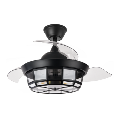 `alt=Ventilador de techo Tornado Mini Negro 91cm de Abrila con aspas retráctiles, mando a distancia, motor DC y temporizador para uso doméstico interior`