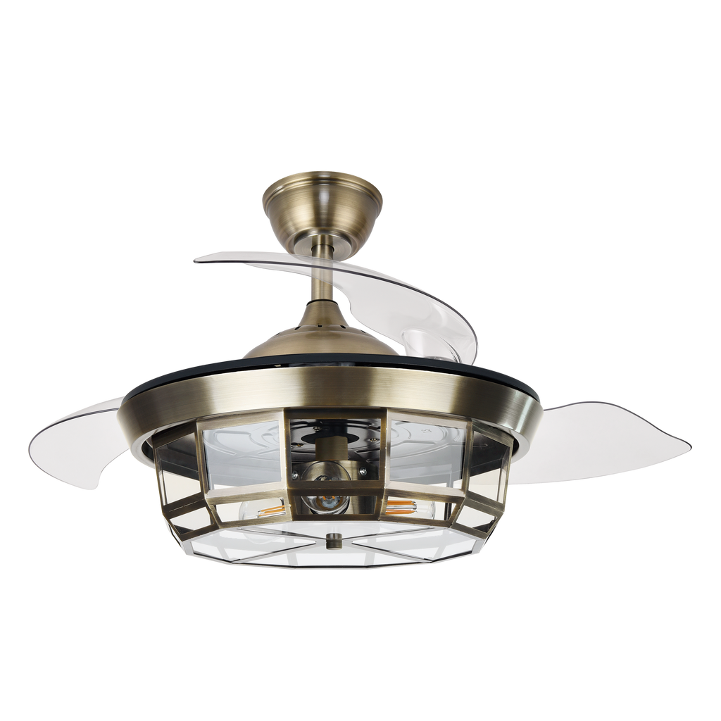 Ventilador de techo Tornado Mini Cuero de 91 cm de Abrila, modelo 222699014. Diseño elegante en cuero con aspas retráctiles, ideal para interiores domésticos. Equipado con motor DC y mando a distancia, ofrece 6 velocidades ajustables para una ventilación óptima en verano e invierno.