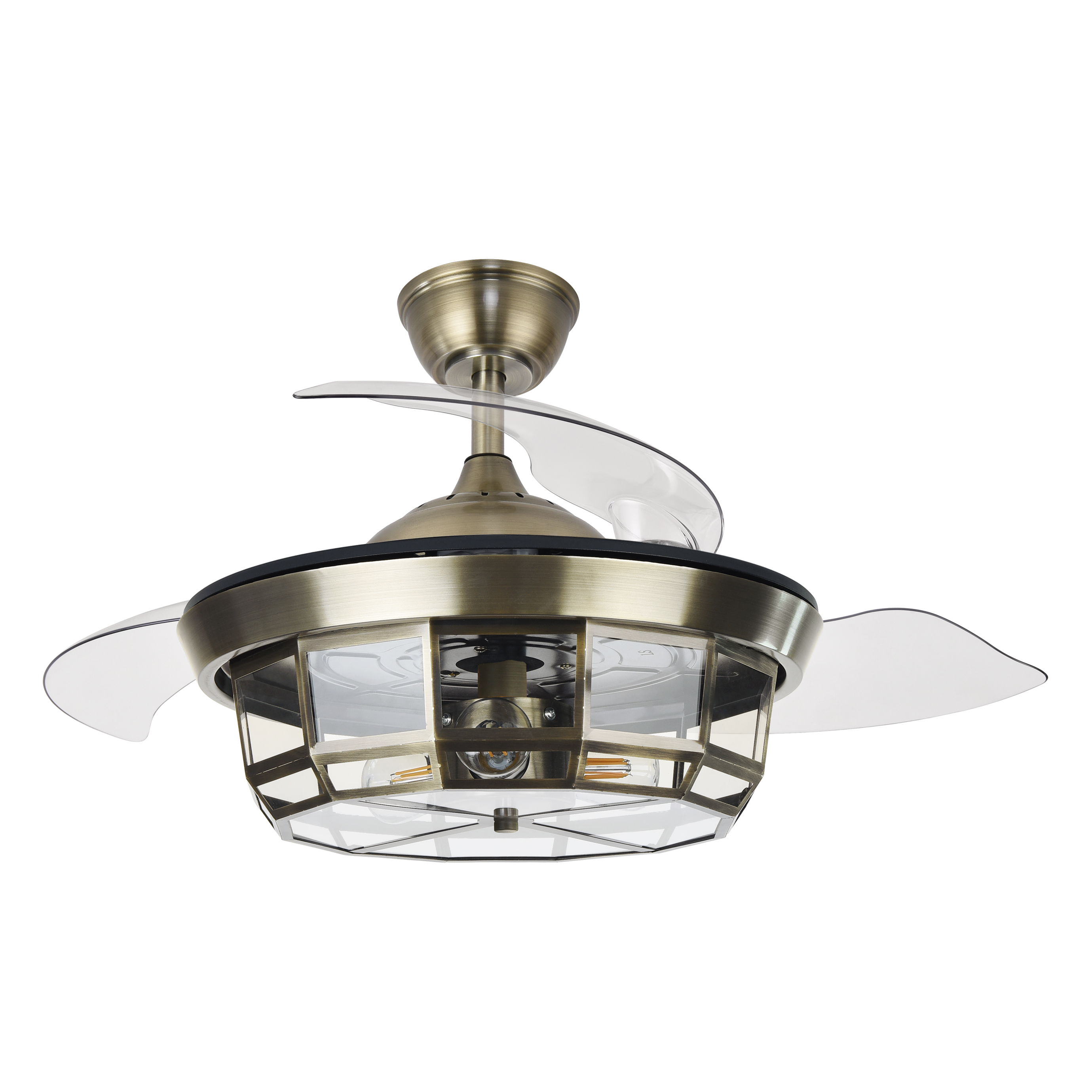 Ventilador de techo Tornado Mini Cuero de 91 cm de Abrila, modelo 222699014. Diseño elegante en cuero con aspas retráctiles, ideal para interiores domésticos. Equipado con motor DC y mando a distancia, ofrece 6 velocidades ajustables para una ventilación óptima en verano e invierno.