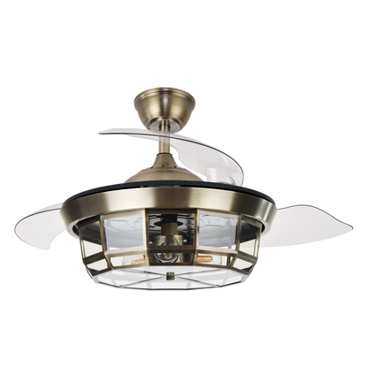 Ventilador de techo Tornado Mini Cuero de 91 cm de Abrila, modelo 222699014. Diseño elegante en cuero con aspas retráctiles, ideal para interiores domésticos. Equipado con motor DC y mando a distancia, ofrece 6 velocidades ajustables para una ventilación óptima en verano e invierno.