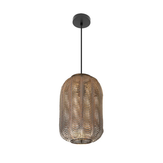 Colgante Trikala en negro y cuero envejecido de Abrila, lámpara colgante vintage minimalista de metal para iluminación interior y decoración doméstica.