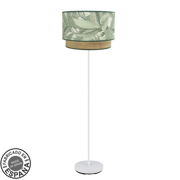Lámpara de pie salón Congo blanco y verde natural de Abrila, diseño moderno rústico en metal y textil, iluminación interior fabricada en España, código 224941001