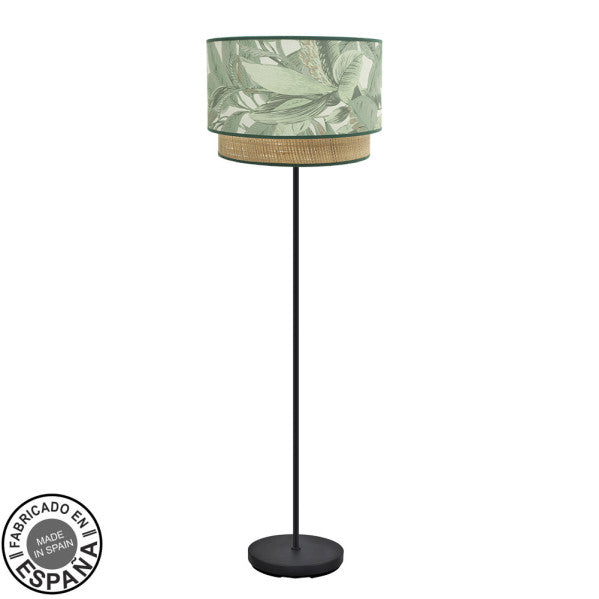 Lámpara de pie de salón Congo en negro y verde natural de 170cm, diseño moderno Abrila con estructura de metal y pantalla textil, iluminación interior para decoración doméstica fabricada en España