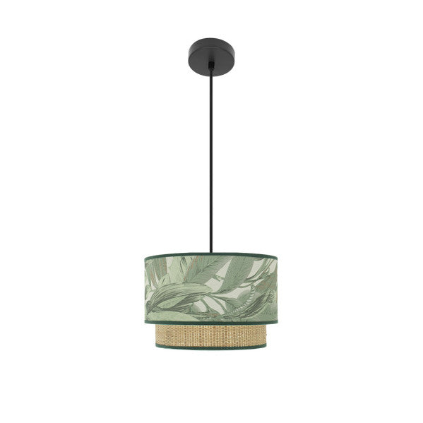 Lámpara colgante Congo 30cm en negro y verde natural, diseño moderno de metal y textil por Abrila, iluminación para interiores domésticos fabricada en España