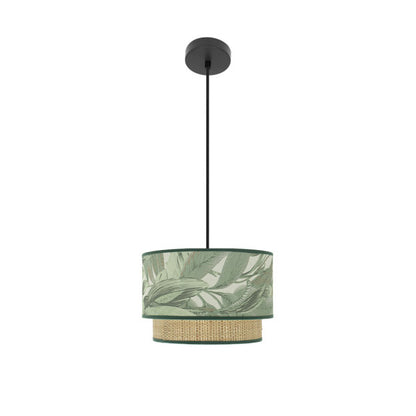 Lámpara colgante Congo 30cm en negro y verde natural, diseño moderno de metal y textil por Abrila, iluminación para interiores domésticos fabricada en España