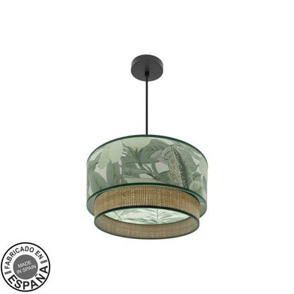 Colgante Congo 40d negro/verde natural Abrila, lámpara de techo exótica moderna rústica en metal y textil para decoración interior doméstica