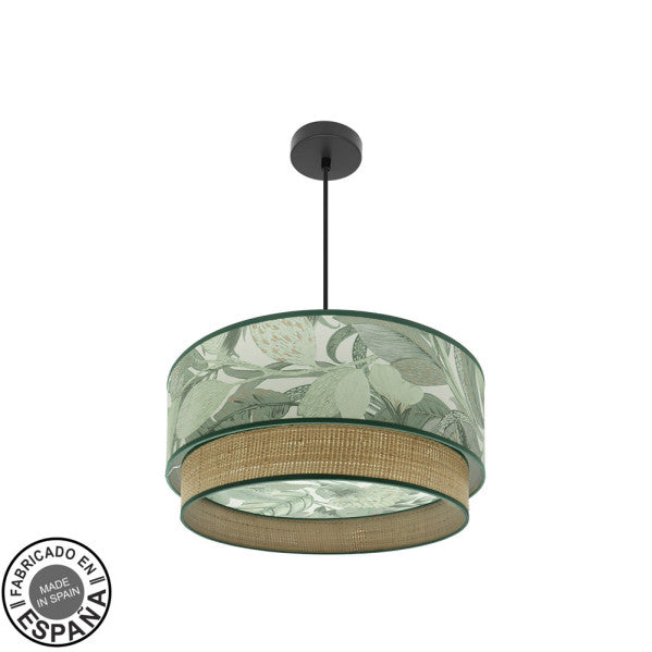 Colgante Congo 50 cm 3xE27 de Abrila en negro y verde natural, lámpara colgante moderna rústica de metal y textil para iluminación y decoración interior doméstica