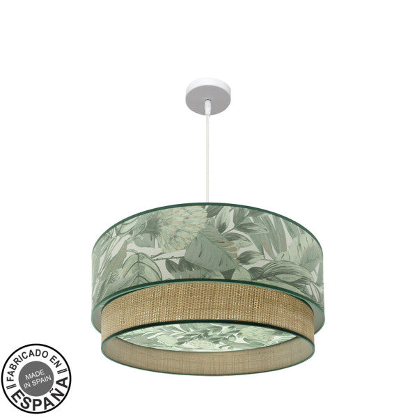 Colgante de techo Congo 60 cm diámetro 3xE27 en blanco y verde natural, diseño moderno rústico de Abrila para iluminación interior doméstica con material metal y textil.