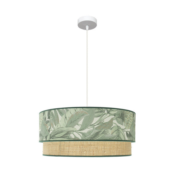 Colgante Congo de Abrila 60d 3xE27 en blanco y verde natural, lámpara de metal textil moderna rústica para iluminación interior doméstica y decoración