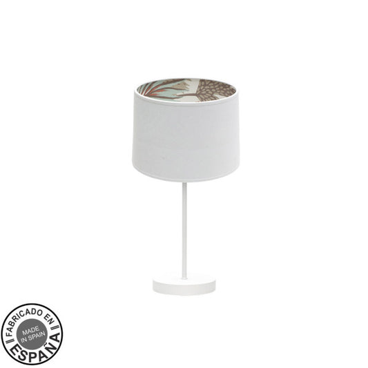 Lámpara de sobremesa pequeña Tunez en blanco y blanco estampado, diseño moderno de Abrila en metal y textil para decoración interior doméstica. Modelo 225171001.