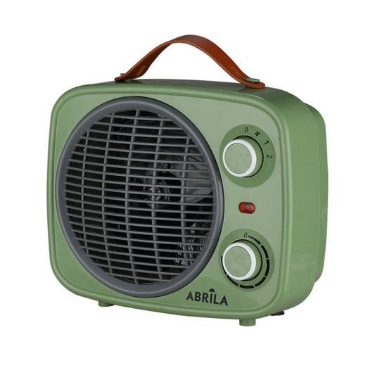 Termoventilador Hoguera 2000W de Abrila en color verde y gris, calefactor portátil de 2000W con termostato regulable, ahorro de energía, seguridad antivuelco y diseño en metal y policarbonato para uso doméstico interior.