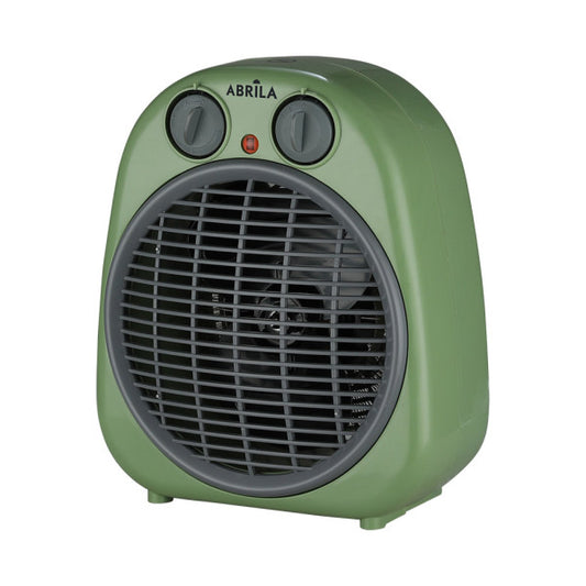Termoventilador Fogata 2000W verde y gris Abrila, calefactor portátil de metal y policarbonato para uso doméstico interior, con seguridad antivuelco y diseño vintage AI2 para ahorro de energía.