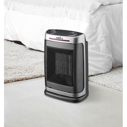 Termoventilador cerámico PTC Fogon 1500W en color plata de Abrila, calefactor portátil doméstico con ahorro energético, tecnología PTC, seguridad antivuelco y función AI2 para calefacción eficiente.