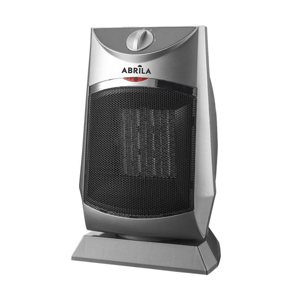 Termoventilador cerámico Calidez 1500W en plata de Abrila, con tecnología PTC para calefacción eficiente y ahorro de energía, ideal para uso doméstico interior, portátil con seguridad antivuelco.