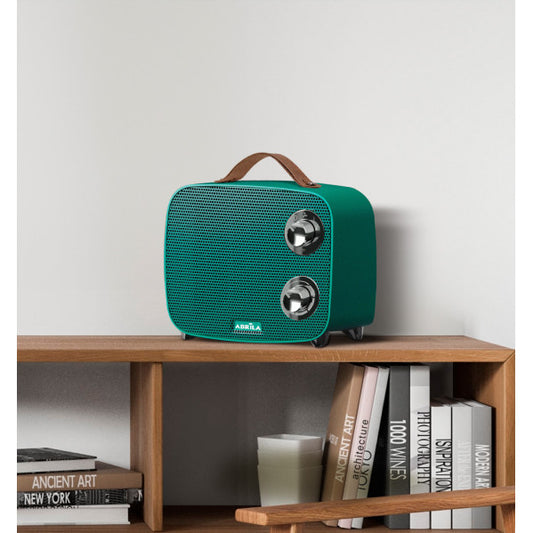 Termoventilador cerámico Corcega 1500W verde y cromo de Abrila, calefactor portátil PTC con diseño vintage para hogar seguro y eficiente.