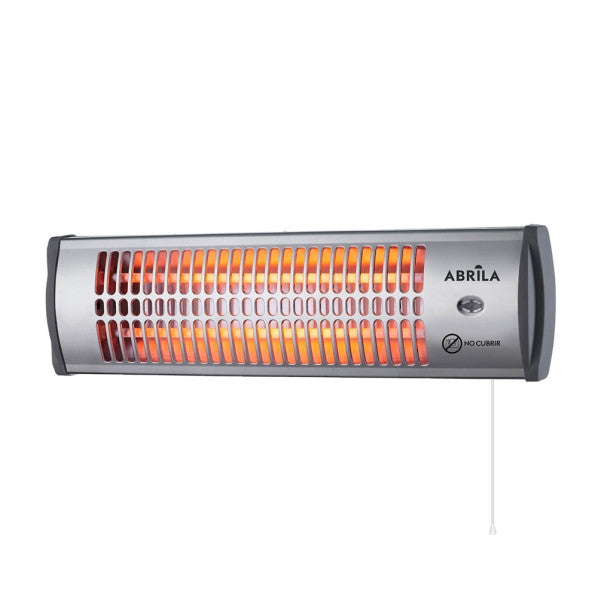 Estufa eléctrica de cuarzo Tioman 1200W en negro y plata, modelo Abrila 229121278, calefactor mural para interior doméstico con diseño en metal, policarbonato y cristal.