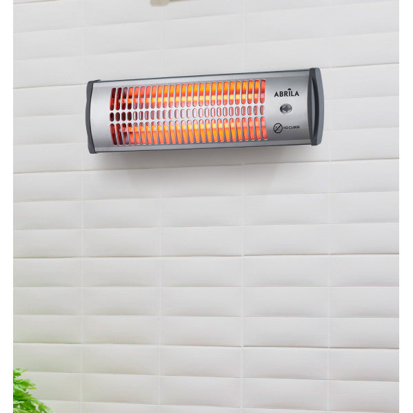 Estufa eléctrica de cuarzo Tioman 1200W en negro y plata, calefactor mural Abrila modelo 229121278 para calefacción interior doméstica, fabricada en metal, policarbonato y cristal, diseño moderno y eficiente.