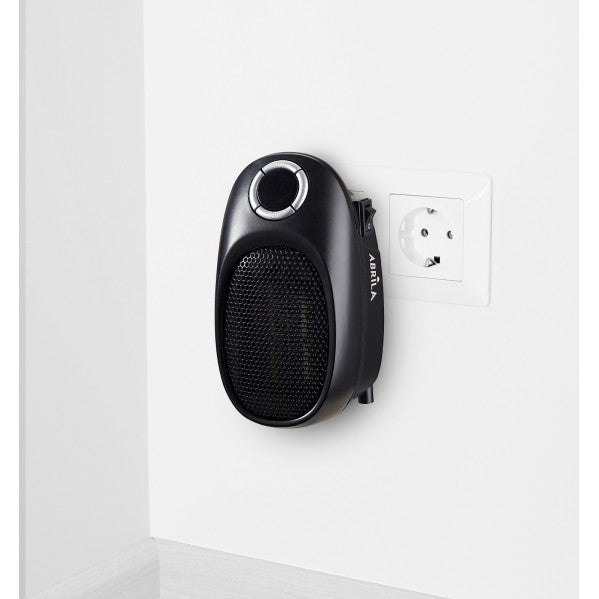 Mini termoventilador cerámico Malasia 500W negro de Abrila, modelo 230010509, calefacción portátil para baño y hogar interior, diseño doméstico eficiente y seguro.