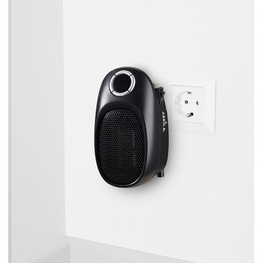 Mini termoventilador cerámico Malasia 500W negro de Abrila, modelo 230010509, calefacción portátil para baño y hogar interior, diseño doméstico eficiente y seguro.