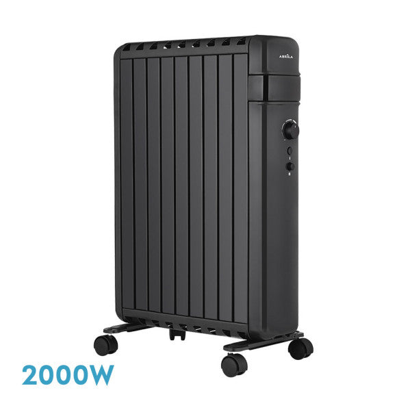 Radiador de aceite Polonia 2000W negro con 9 elementos, modelo Abrila 230932009, calefacción doméstica interior con termostato regulable, antivuelco y diseño AI2 seguro.