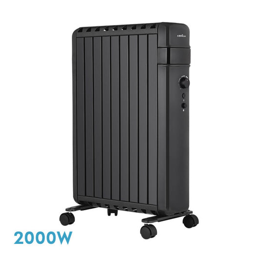Radiador de aceite Polonia 2000W negro con 9 elementos, modelo Abrila 230932009, calefacción doméstica interior con termostato regulable, antivuelco y diseño AI2 seguro.