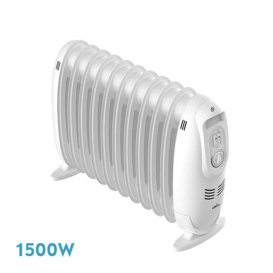 Radiador de aceite Irlanda 1500W blanco de Abrila con 11 elementos, modelo AI2 portátil para calefacción doméstica interior, termostato regulable y protección de seguridad, ideal para hogares acogedores.