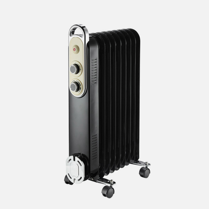 Radiador de aceite Amarantus 2000W negro/beis de Abrila modelo 231132008 con 9 elementos, termostato regulable, protección antivuelco y calefacción eficiente para uso doméstico interior.