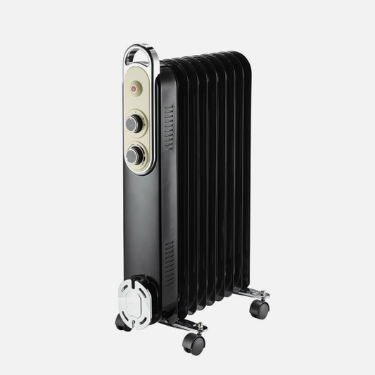 Radiador de aceite Amarantus 2000W negro/beis de Abrila modelo 231132008 con 9 elementos, termostato regulable, protección antivuelco y calefacción eficiente para uso doméstico interior.