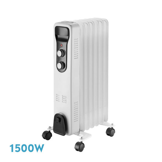 Radiador de aceite Brasilia 1500W de Abrila con 7 elementos, diseño blanco y negro, termostato regulable, función antivuelco y portátil para calefacción eficiente en el hogar.