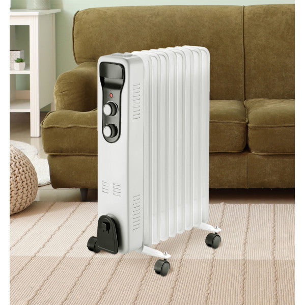 Radiador de aceite Brasilia 2000W 9 elementos blanco y negro de Abrila con termostato regulable, antivuelco y calefacción doméstica para interiores