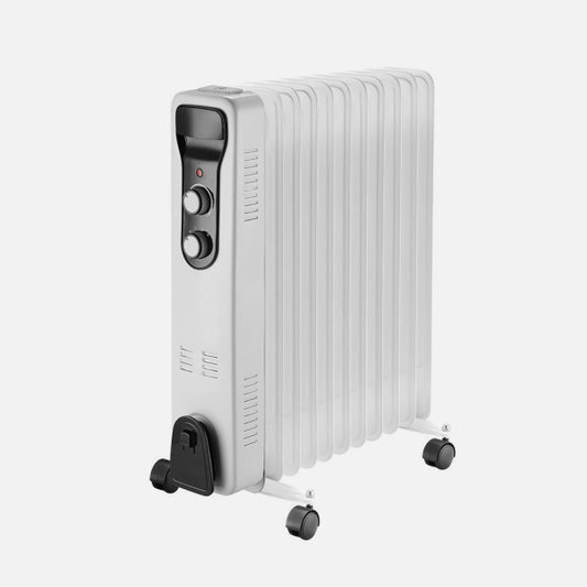 Radiador de aceite portátil Brasilia 2500W de Abrila en blanco y negro, modelo AI2 con termostato regulable para calefacción interior doméstica eficiente y segura, referencia 231232501