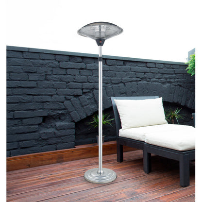 Calefactor exterior Koel 2000W en plata de Abrila, modelo AI2 con protección IP34, antivuelco y calefacción de pie para terrazas, garajes y uso doméstico al aire libre.