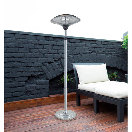 Calefactor exterior Koel 2000W en plata de Abrila, modelo AI2 con protección IP34, antivuelco y calefacción de pie para terrazas, garajes y uso doméstico al aire libre.