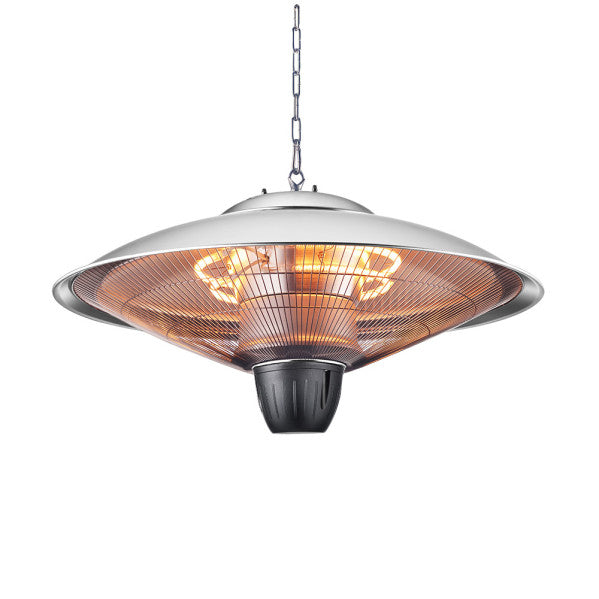 Calefactor exterior colgante Koel de 2000W en color plata, fabricado por Abrila con aluminio y policarbonato resistente IP34 para calefacción doméstica en terrazas, modelo 232196210.