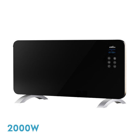 Emisor térmico cristal Himalaya 2000W negro de Abrila, modelo AI2 con diseño portátil en aluminio y cristal, ideal para calefacción eficiente en baños, control remoto y temporizador incluido.