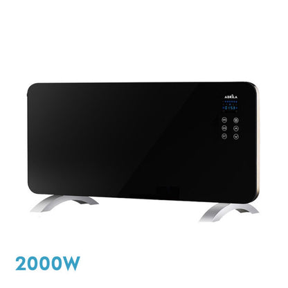 Emisor térmico cristal Himalaya 2000W negro de Abrila, modelo AI2 con diseño portátil en aluminio y cristal, ideal para calefacción eficiente en baños, control remoto y temporizador incluido.