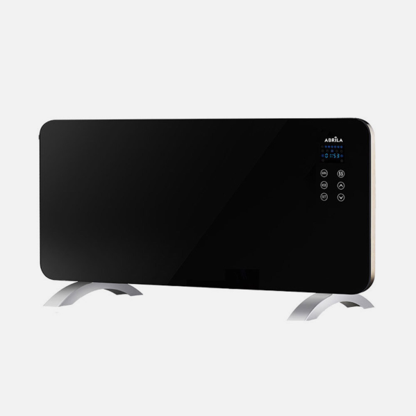 Emisor térmico portátil Cristal Himalaya 2000W negro de Abrila, con diseño elegante de cristal y aluminio, control remoto, temporizador y 3 modos de calefacción AI2 ideal para baños y espacios pequeños.