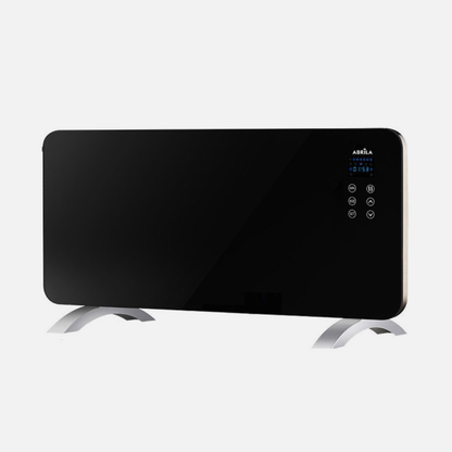 Emisor térmico portátil Cristal Himalaya 2000W negro de Abrila, con diseño elegante de cristal y aluminio, control remoto, temporizador y 3 modos de calefacción AI2 ideal para baños y espacios pequeños.