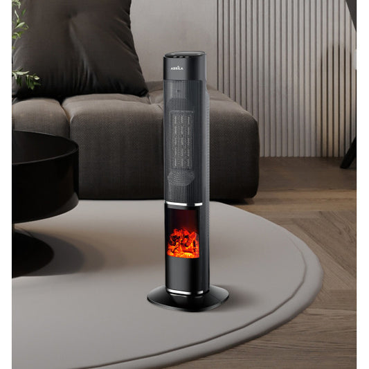 Termoventilador cerámico Melodia 2000W negro de Abrila, modelo 232322009, con control remoto, oscilación y ahorro de energía para calefacción interior doméstica.