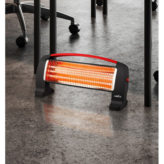 Estufa eléctrica de cuarzo Edipo 1200W en negro y rojo, modelo Abrila AI2 portátil con antivuelco, ideal para calefacción doméstica interior.