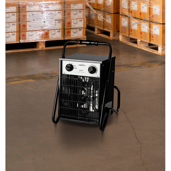 Termoventilador industrial Simeon 3000W negro modelo AI2 de Abrila, calefacción potente para uso doméstico e industrial interior, con termostato regulable, protección contra sobrecalentamiento e IP24, carcasa en metal y policarbonato resistente, referencia 233023009