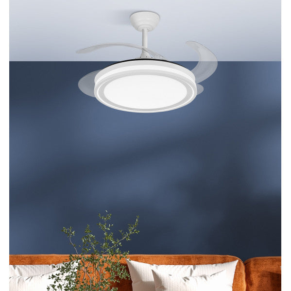 Ventilador de techo Bandido 59W blanco de 107 cm de Abrila con aspas retráctiles, motor DC eficiente, LED integrado, control remoto y función verano-invierno para interior doméstico (modelo 235791401)