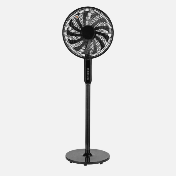 Ventilador de pie Torbellino negro de 60W de Abrila, modelo 235941009. Diseño moderno en metal ABS, con mando a distancia para control oscilante. Ideal para uso doméstico en interiores.